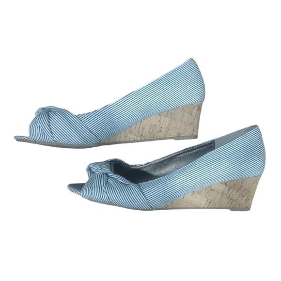 Moda Reflex Cork Wedge Peep Toe Shoes, Navy & White, Size 8.5 - Picture 7 of 7